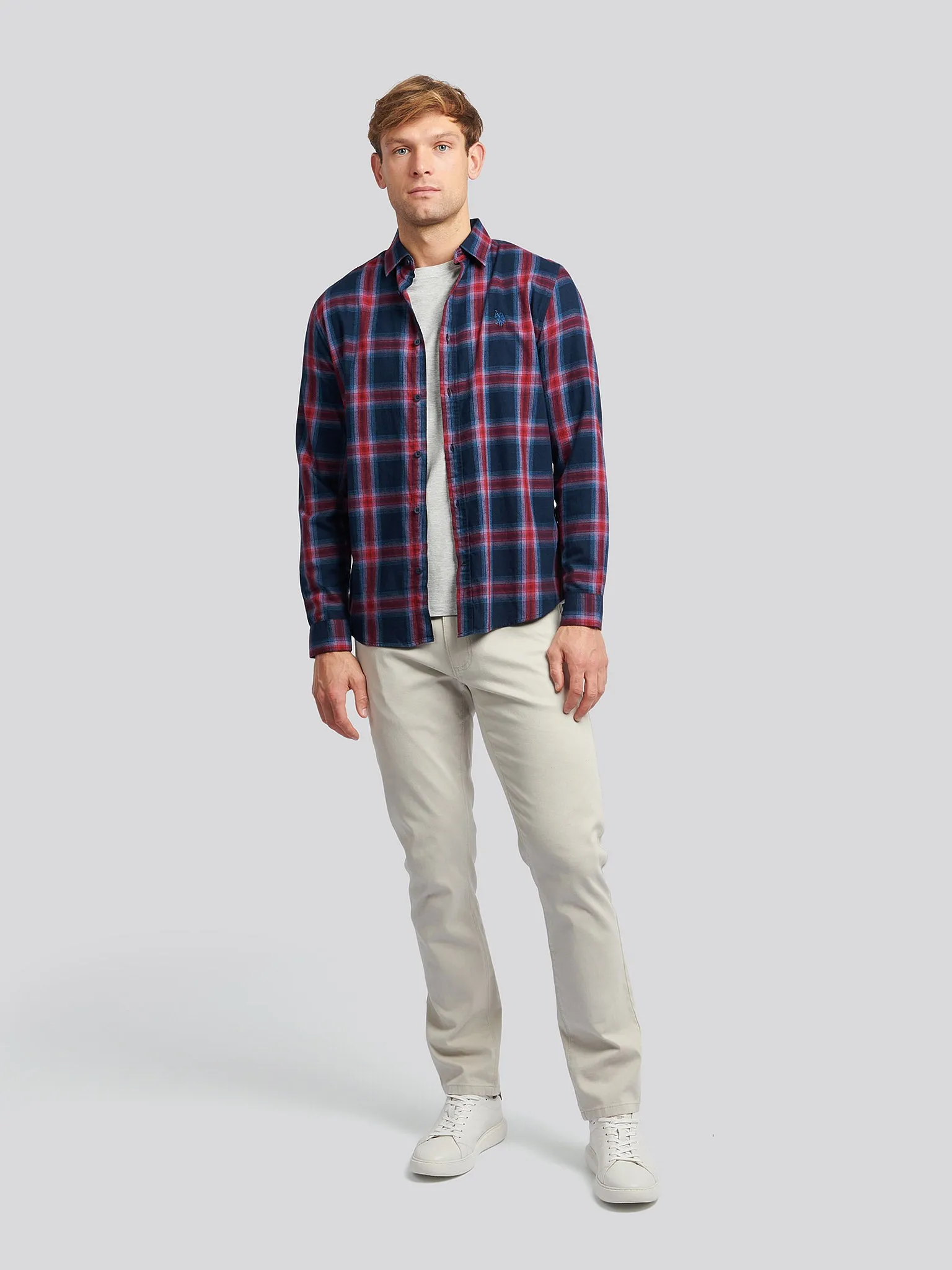 Mens Peached Check Poplin Shirt in Navy Blue