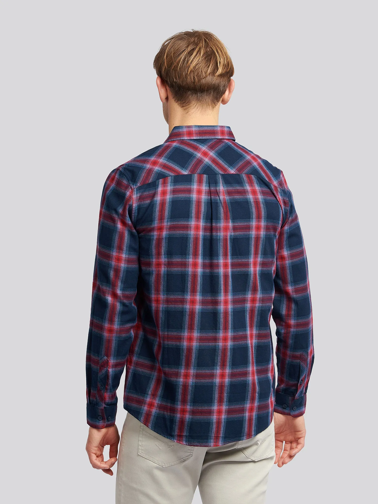 Mens Peached Check Poplin Shirt in Navy Blue