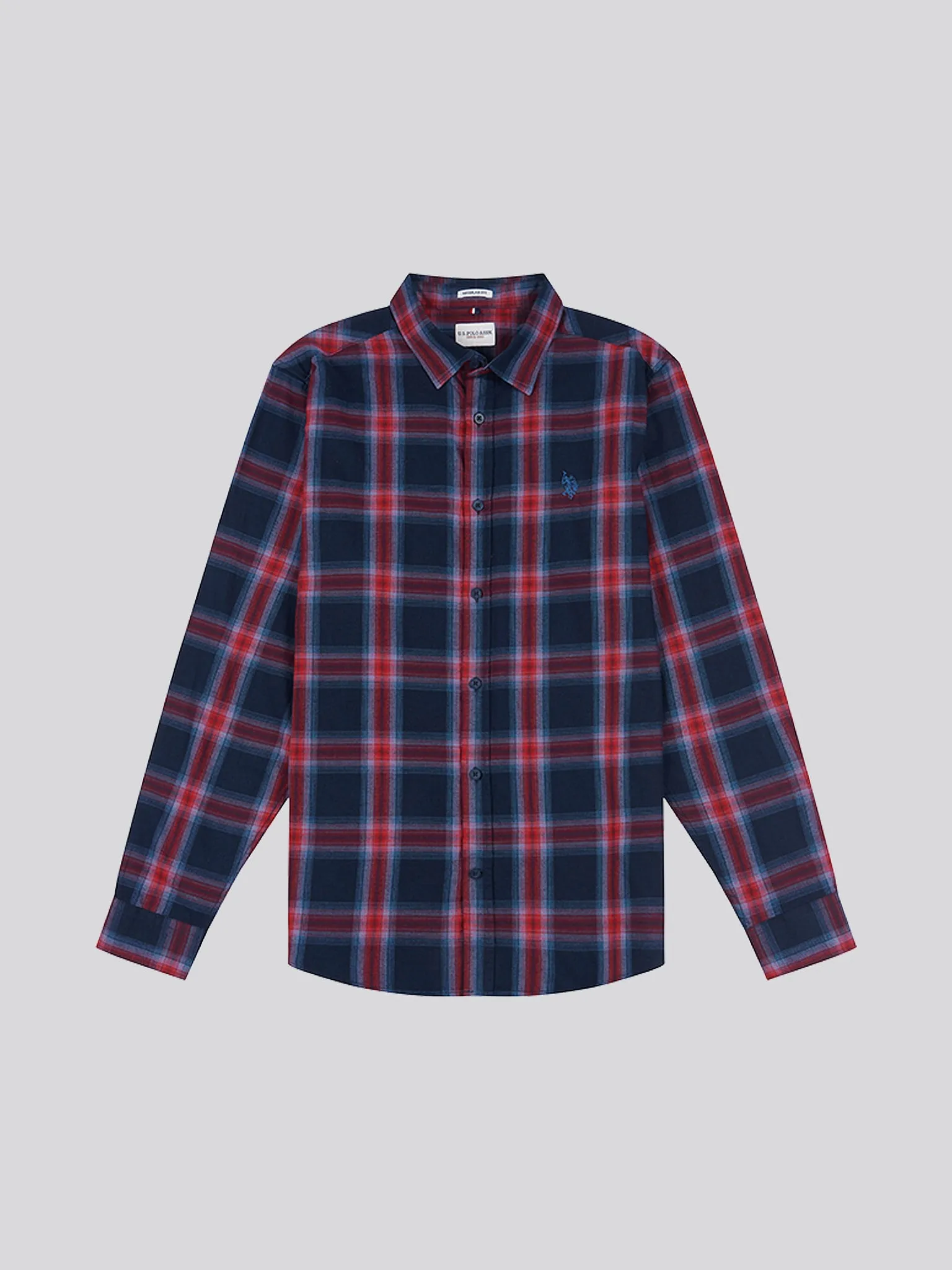 Mens Peached Check Poplin Shirt in Navy Blue