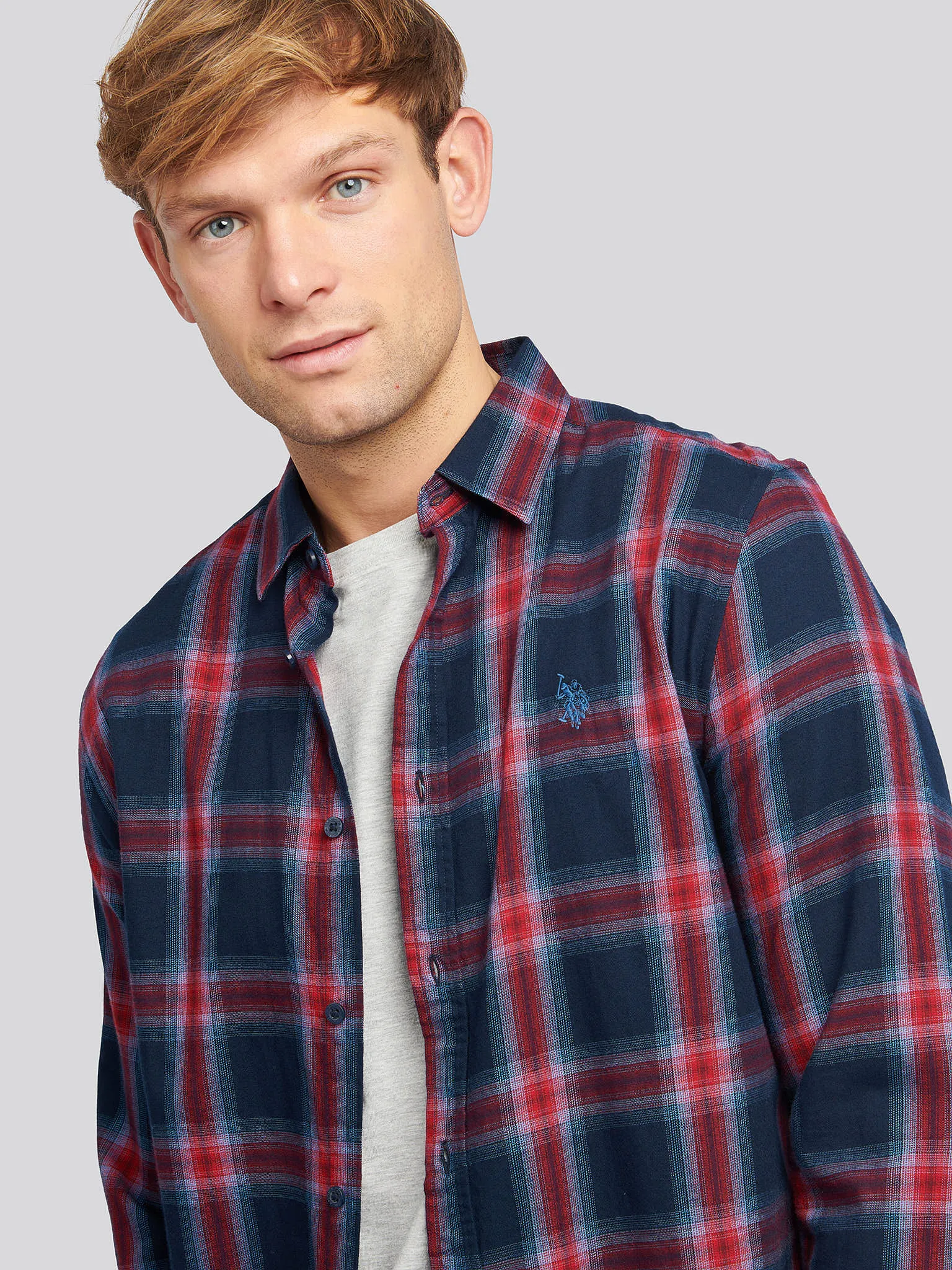 Mens Peached Check Poplin Shirt in Navy Blue