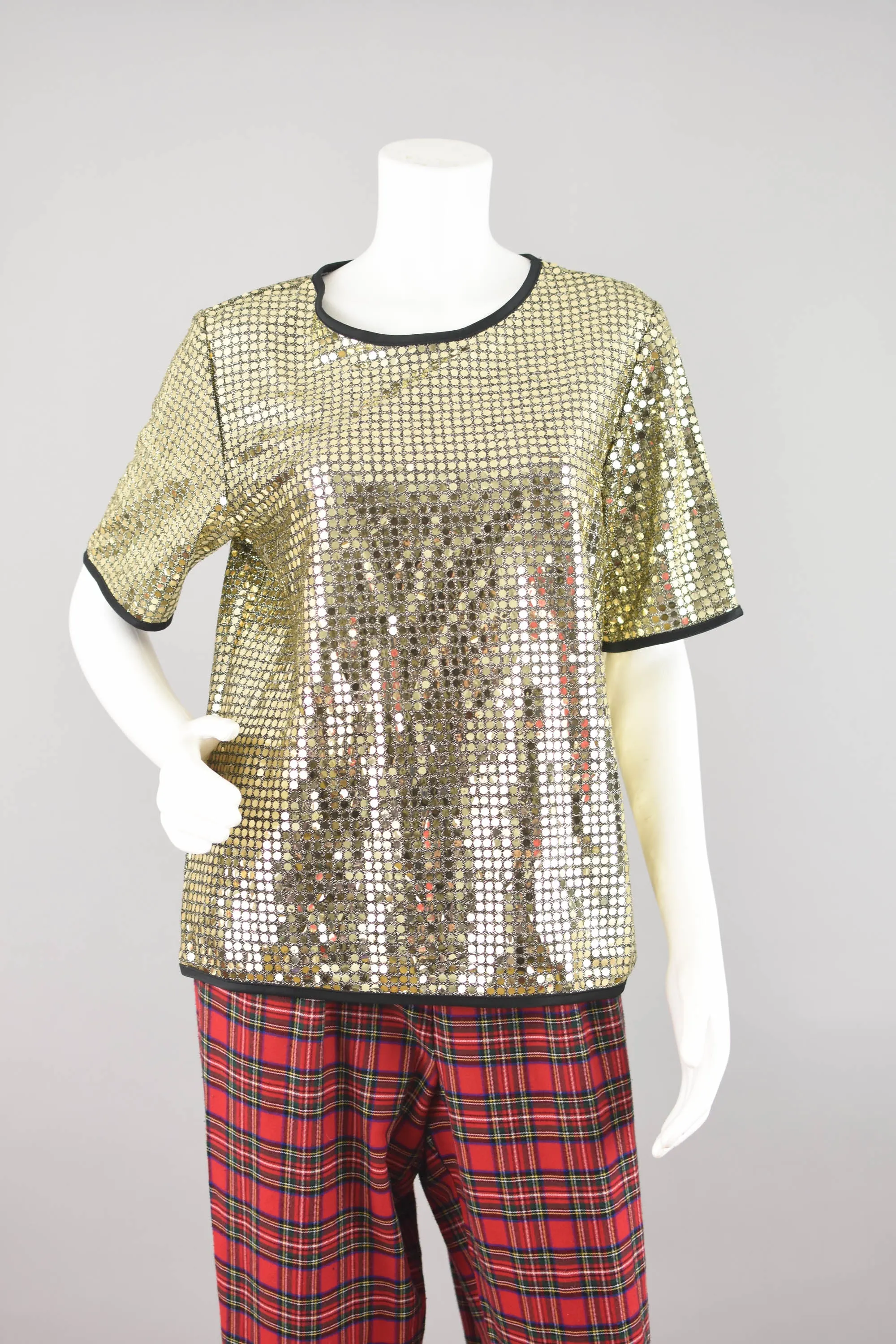 Metallic Gold Sequin Short Sleeve Top, Women's Small