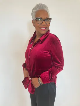 Nina Velvet Button-Up Shirt - Deep Red