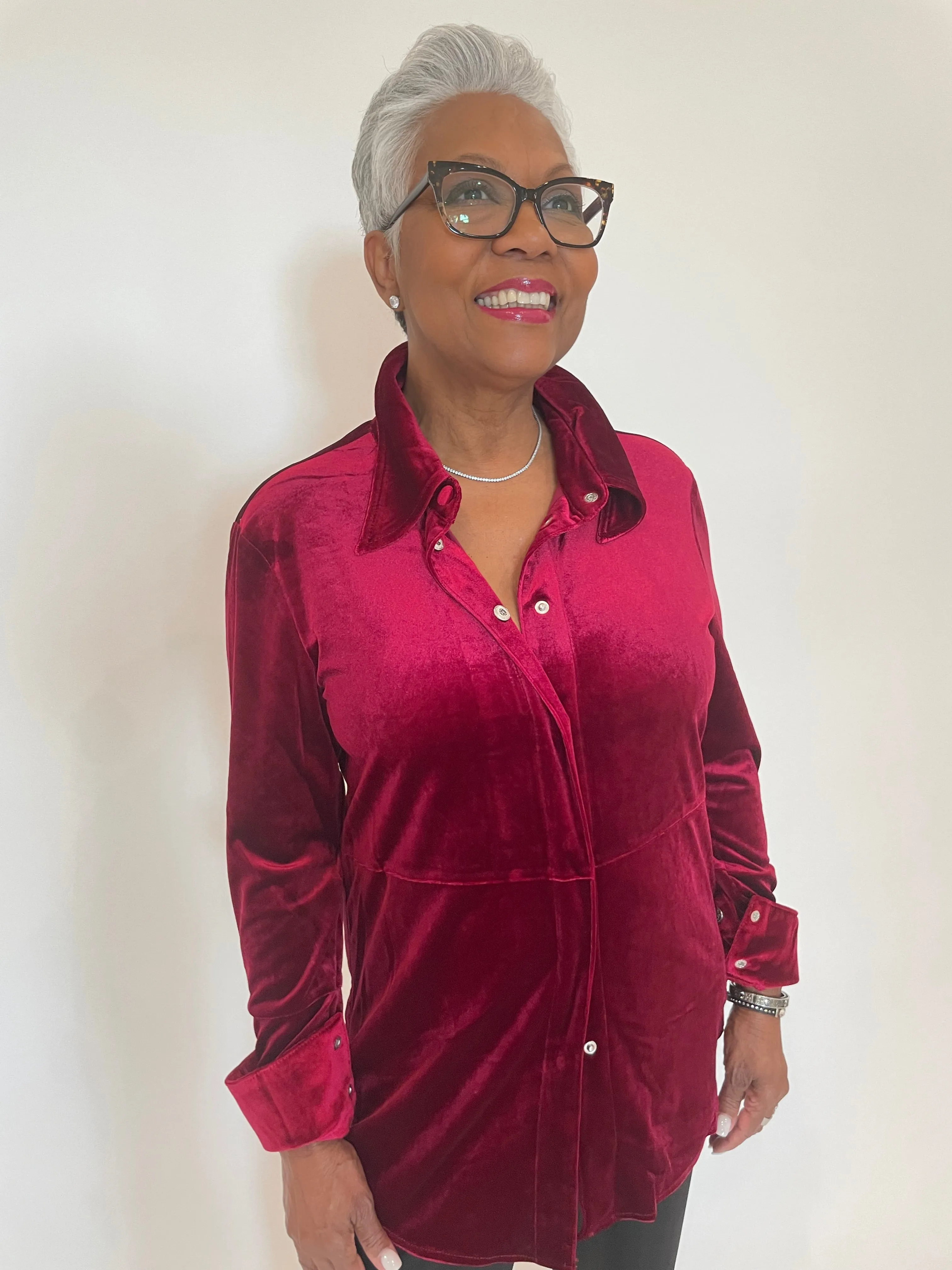 Nina Velvet Button-Up Shirt - Deep Red