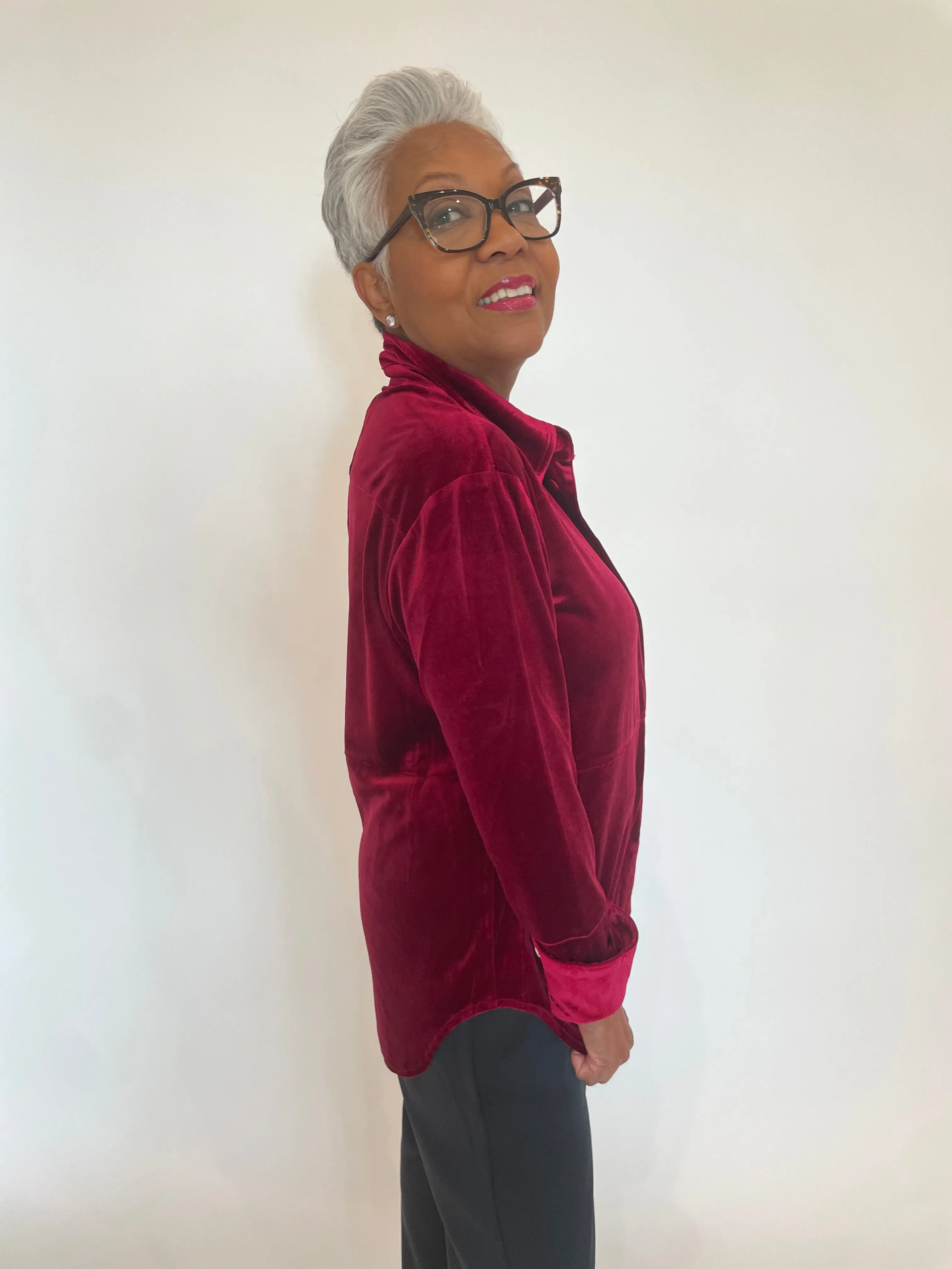 Nina Velvet Button-Up Shirt - Deep Red