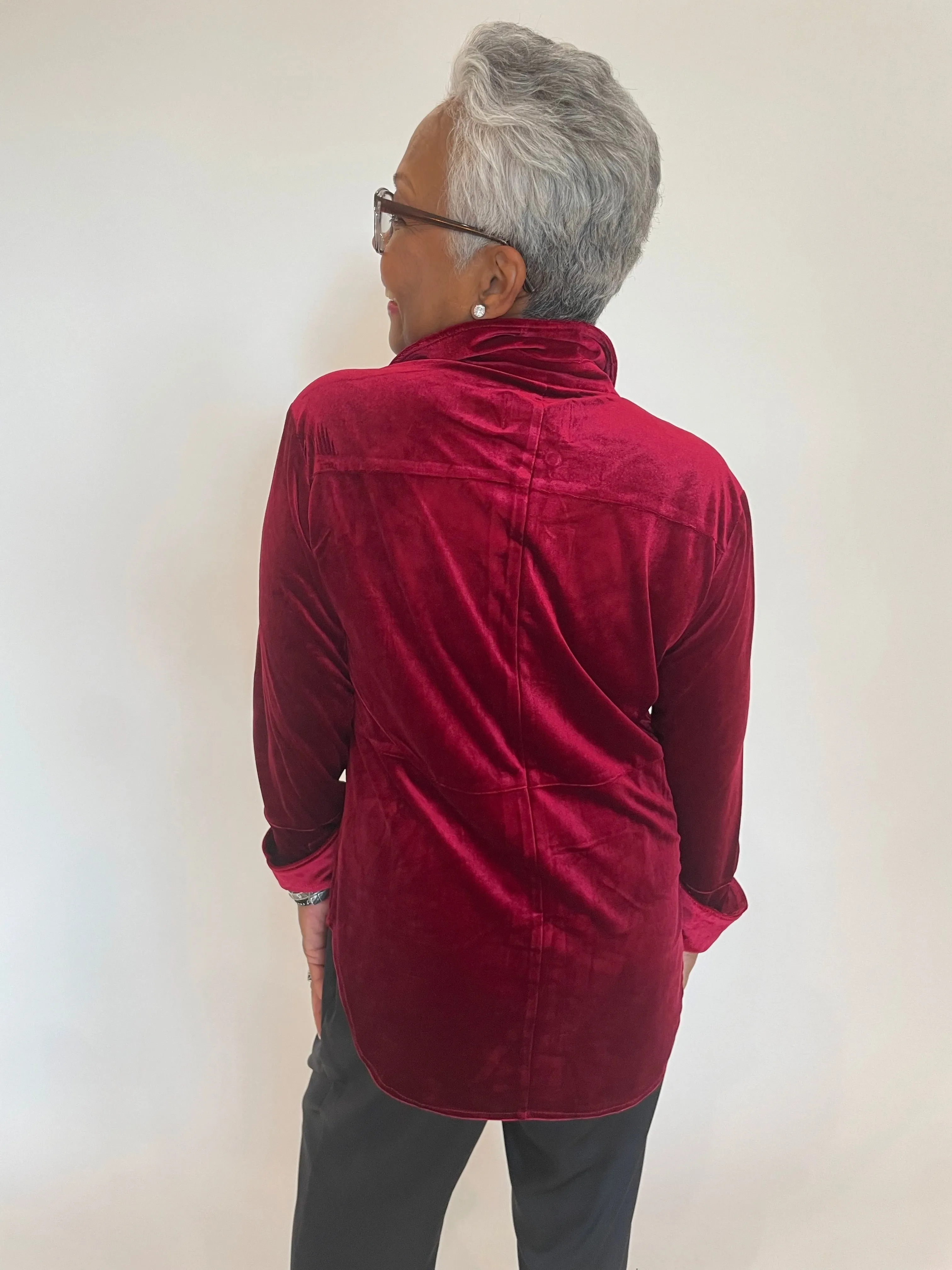 Nina Velvet Button-Up Shirt - Deep Red