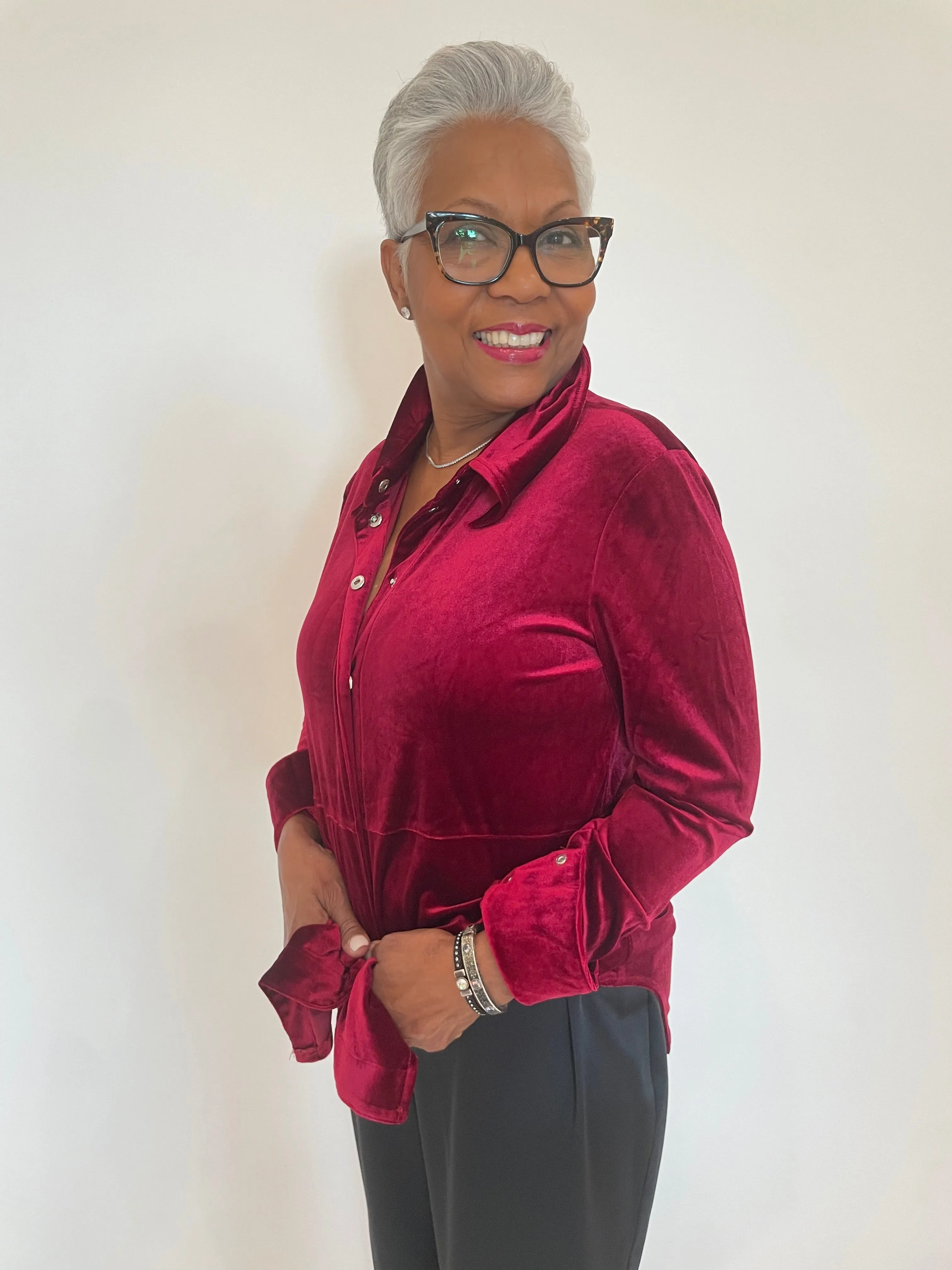 Nina Velvet Button-Up Shirt - Deep Red