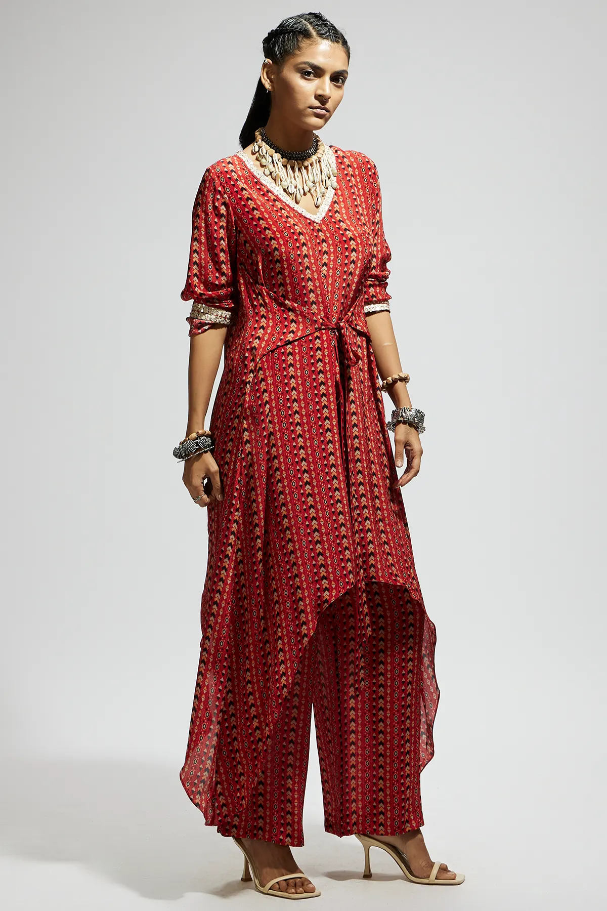 Orange Boho Print Front Tie up Tunic