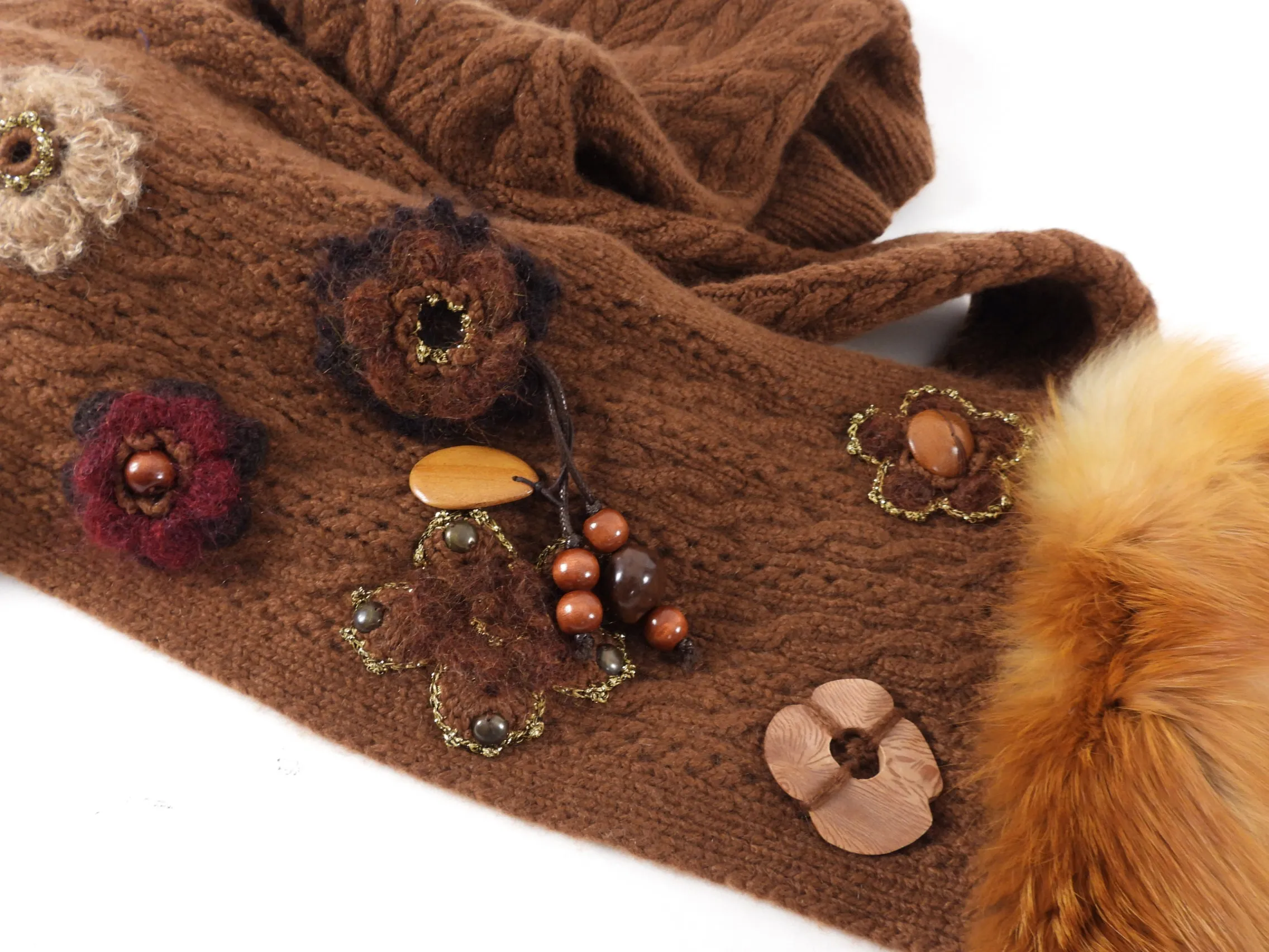 Oscar de la Renta Brown Cashmere Scarf and Sweater Set - S