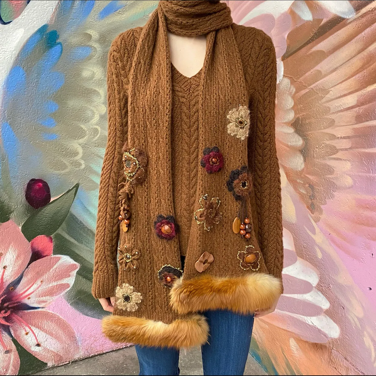 Oscar de la Renta Brown Cashmere Scarf and Sweater Set - S