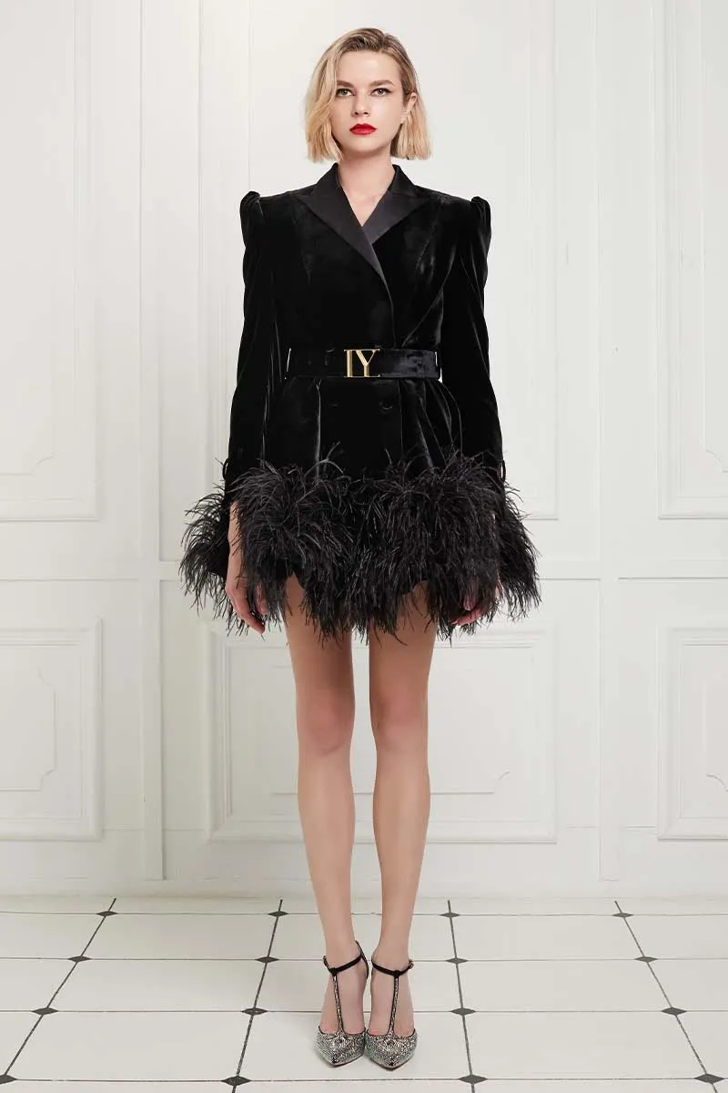 Ostrich Feather Embellished Silk Velvet Mini Trench Dress