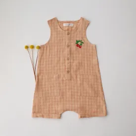 Peach & Pink Gingham Linen Short Legs Tank Jumpsuit with Strawberry Embroidery