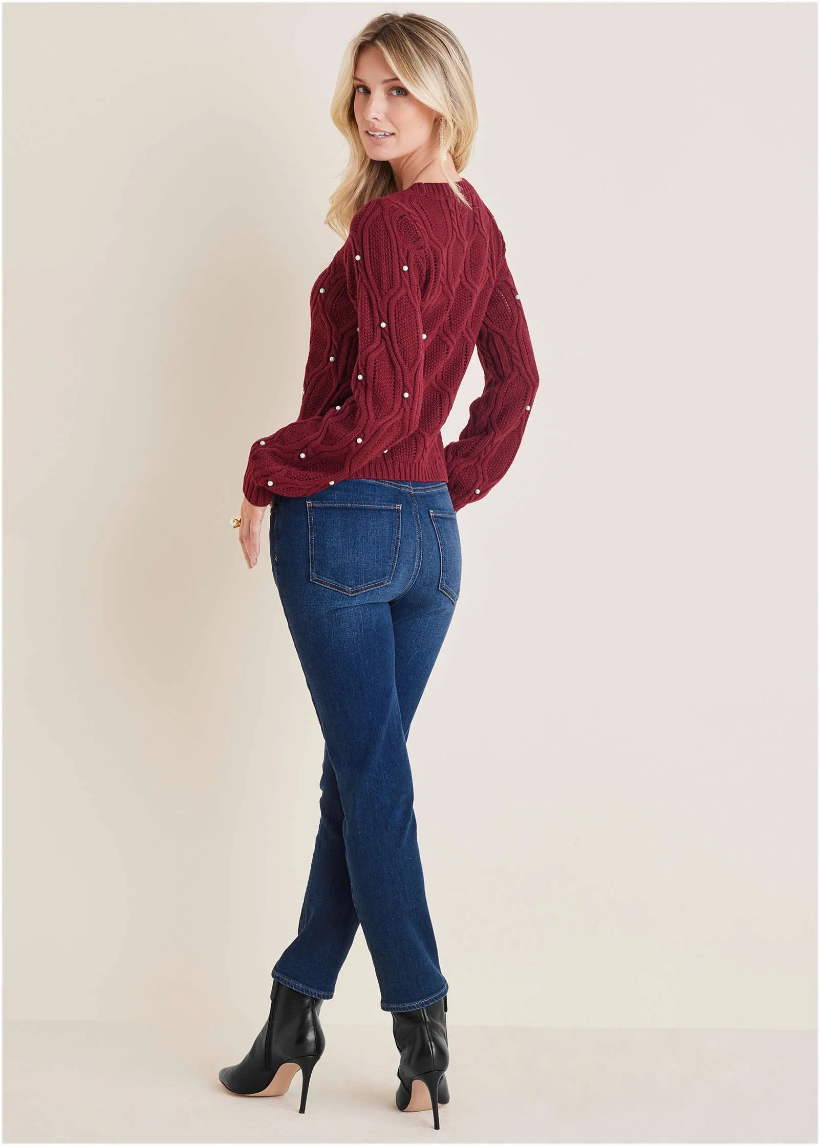 Pearl Detail Sweater  - Wine