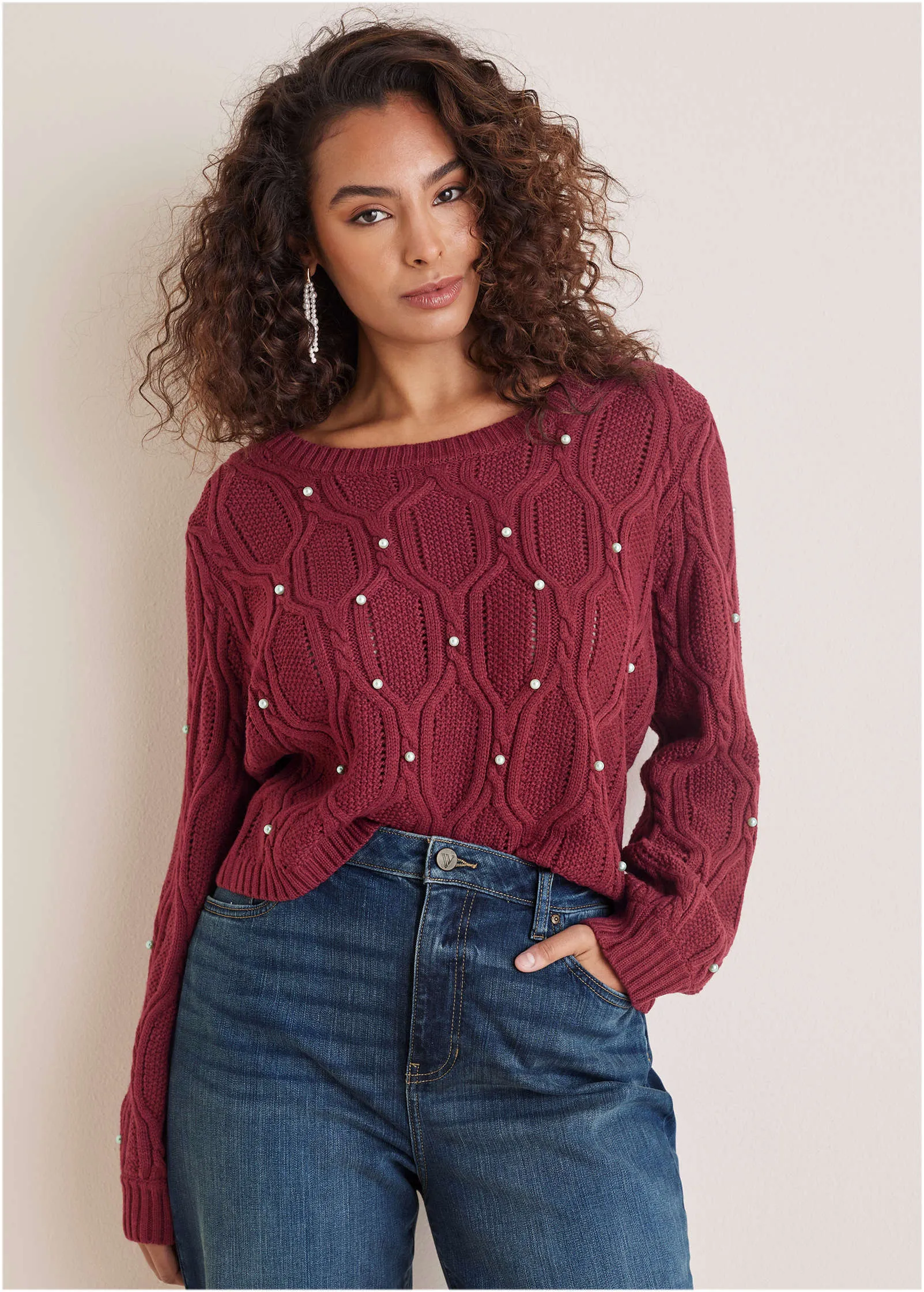 Pearl Detail Sweater  - Wine