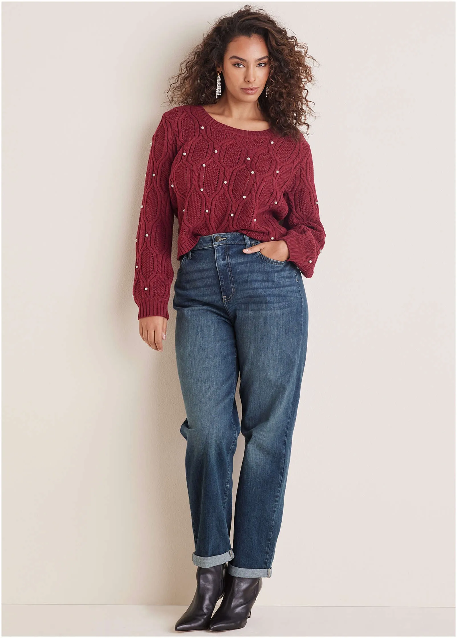 Pearl Detail Sweater  - Wine