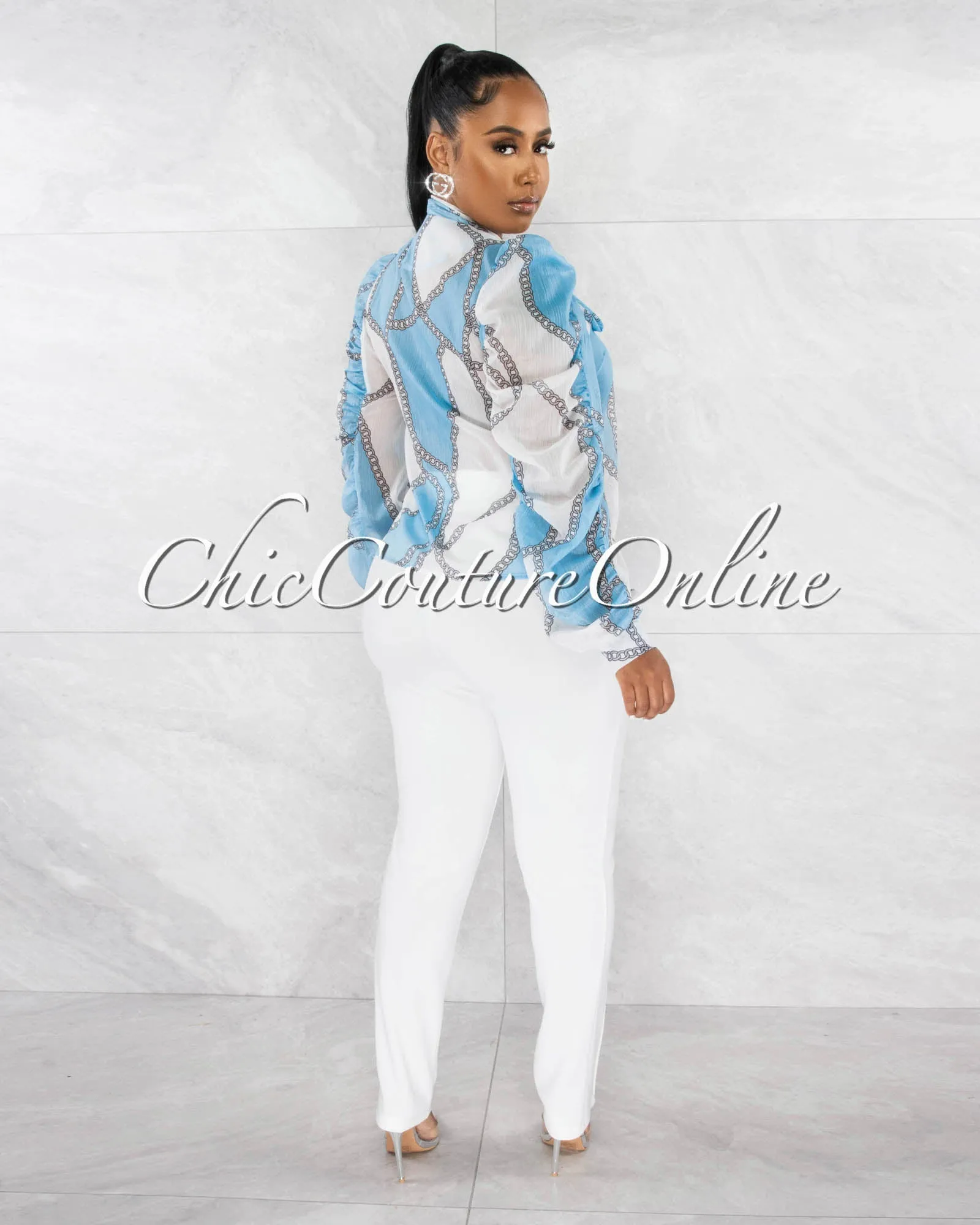 Perlace Baby Blue Shimmer Long Ruffle Sleeves Sheer Shirt