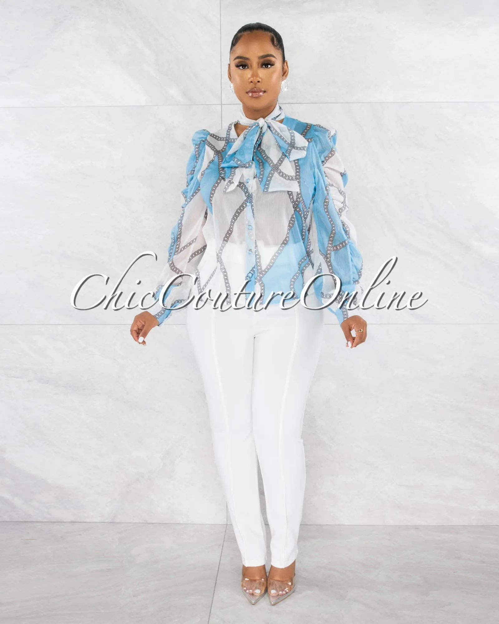 Perlace Baby Blue Shimmer Long Ruffle Sleeves Sheer Shirt