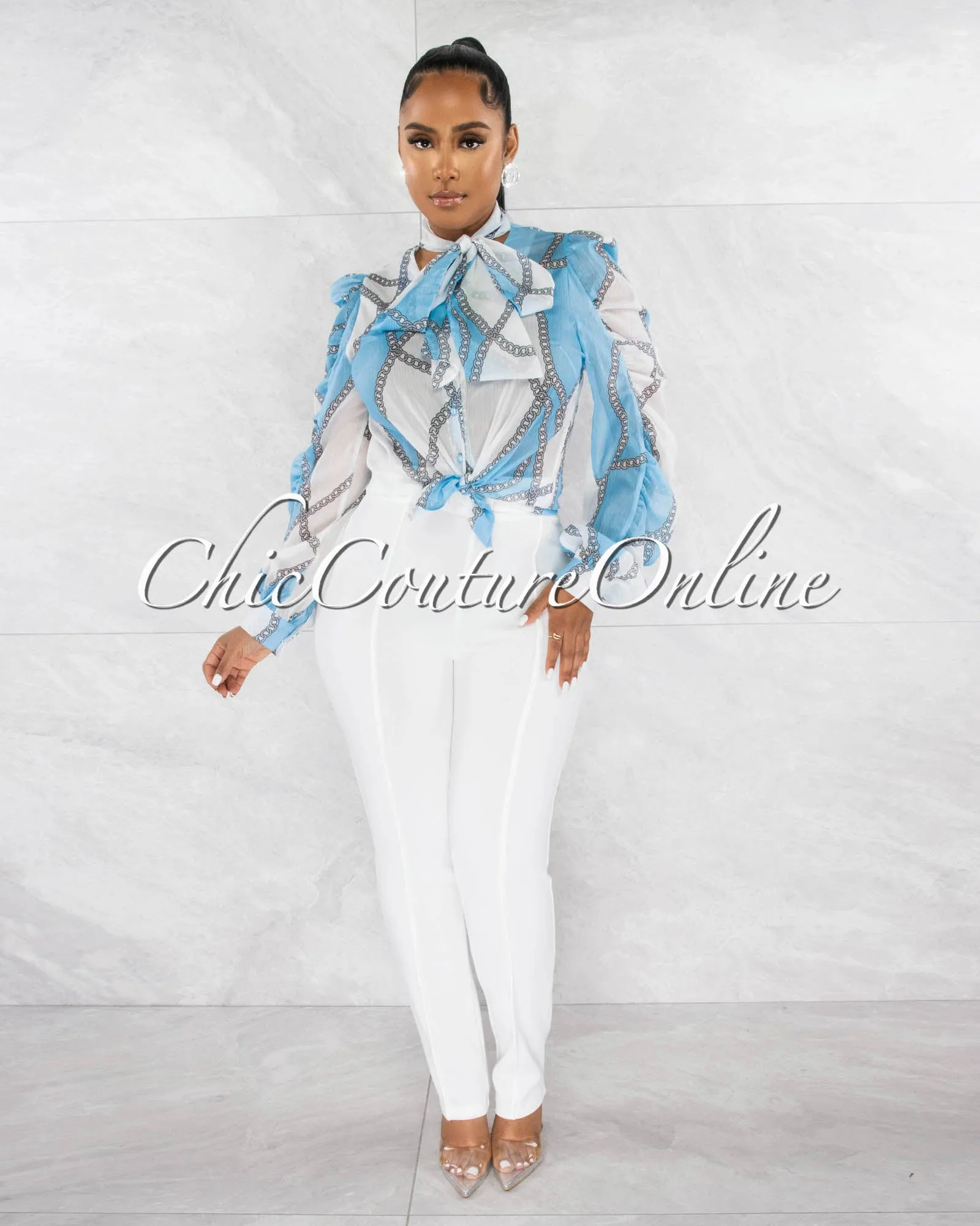 Perlace Baby Blue Shimmer Long Ruffle Sleeves Sheer Shirt