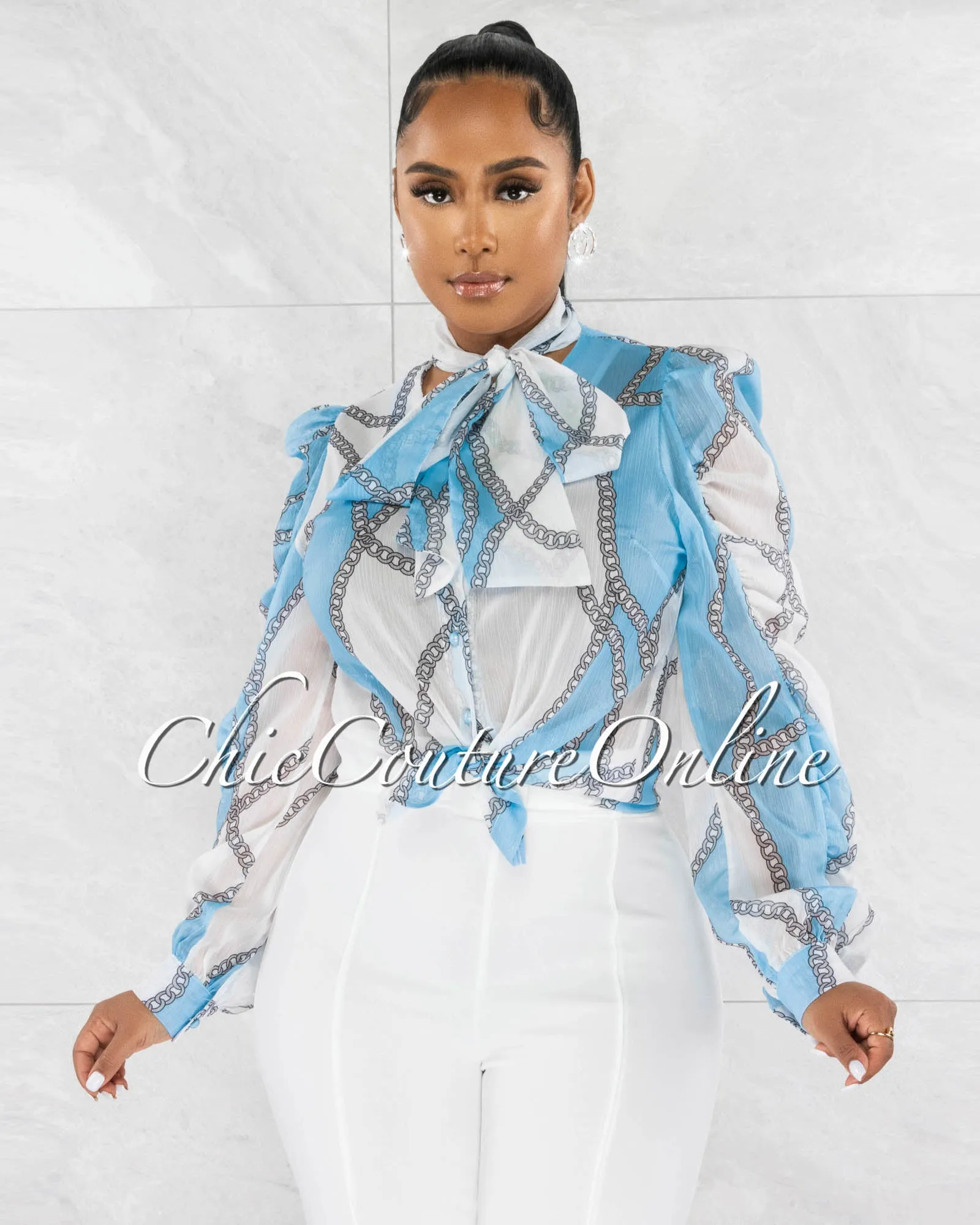 Perlace Baby Blue Shimmer Long Ruffle Sleeves Sheer Shirt