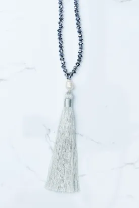 Pewter Beaded Pearl Tassel Necklace