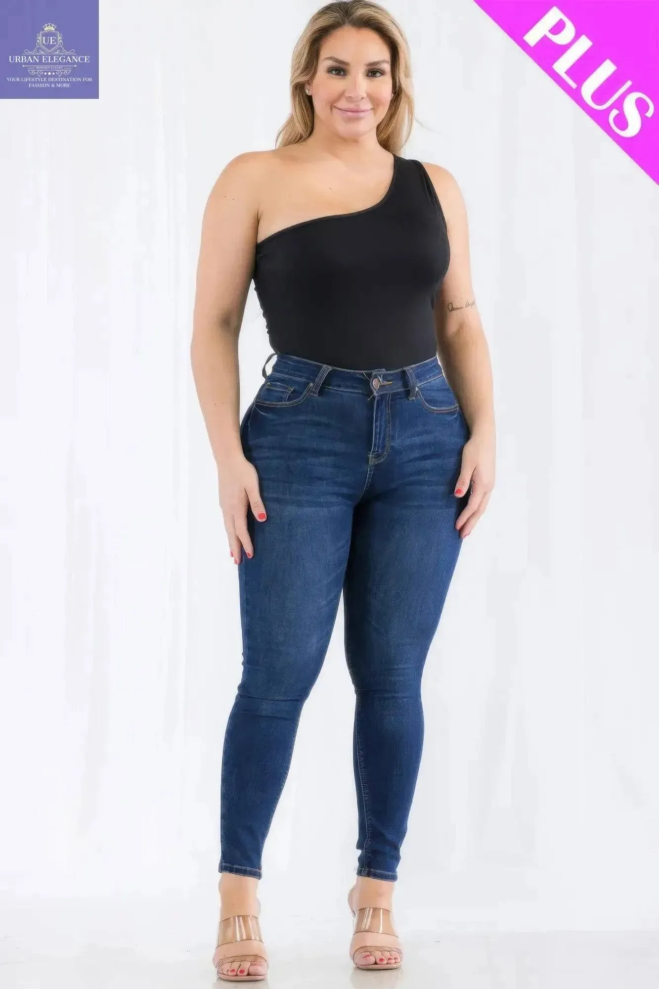 Plus size one shoulder solid casual bodysuit