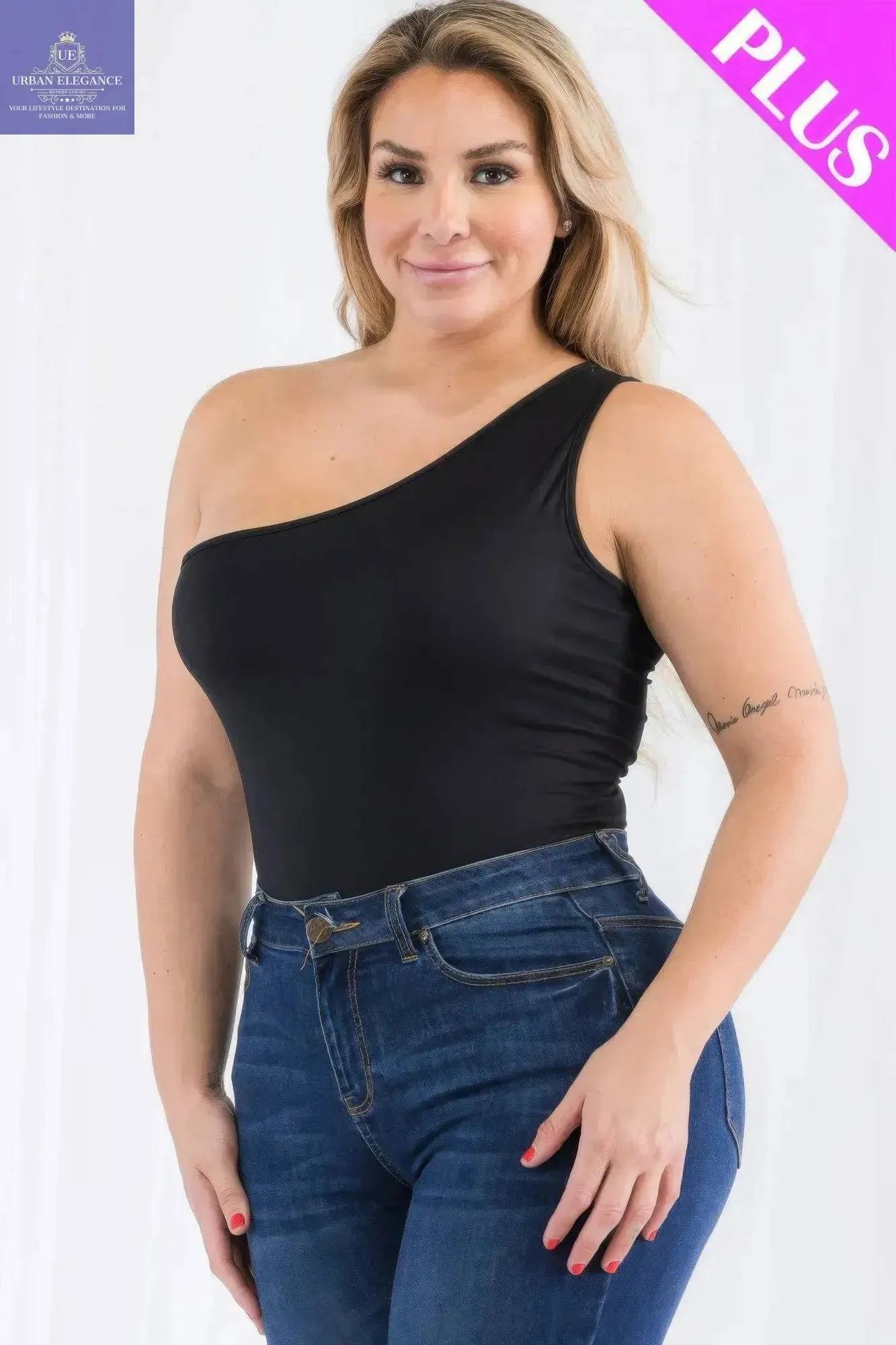 Plus size one shoulder solid casual bodysuit