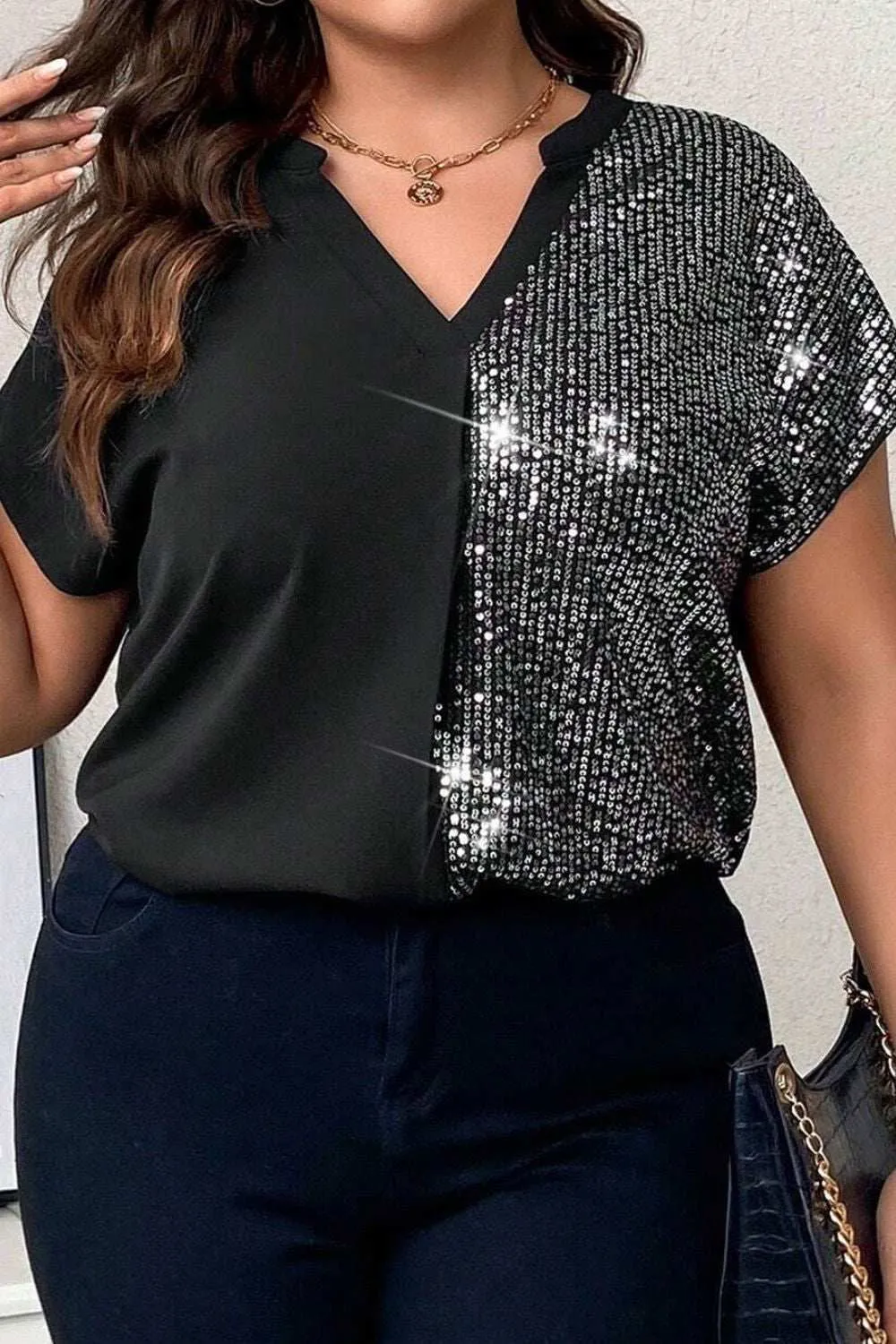 Plus Size Sequin Notched Short Sleeve T-Shirt for Stylish Comfort