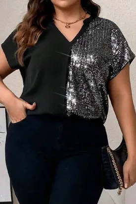 Plus Size Sequin Notched Short Sleeve T-Shirt for Stylish Comfort