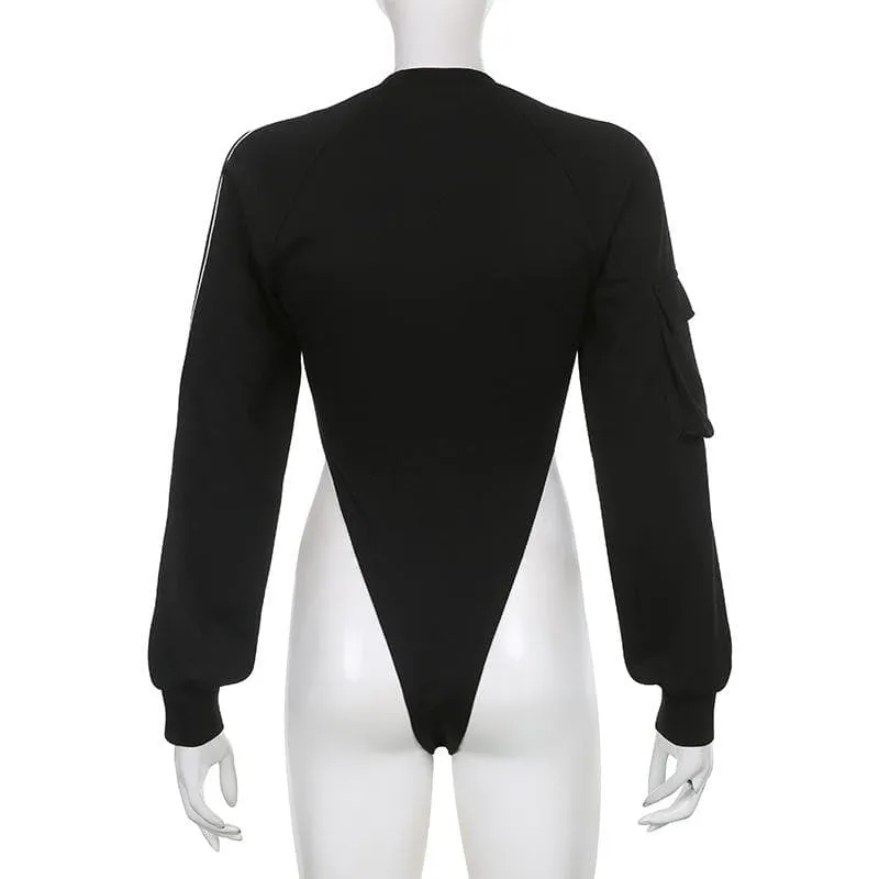 Pocket letter print long sleeve crewneck contrast bodysuit