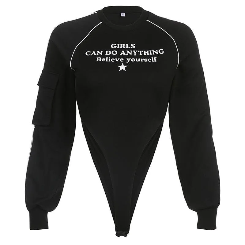 Pocket letter print long sleeve crewneck contrast bodysuit