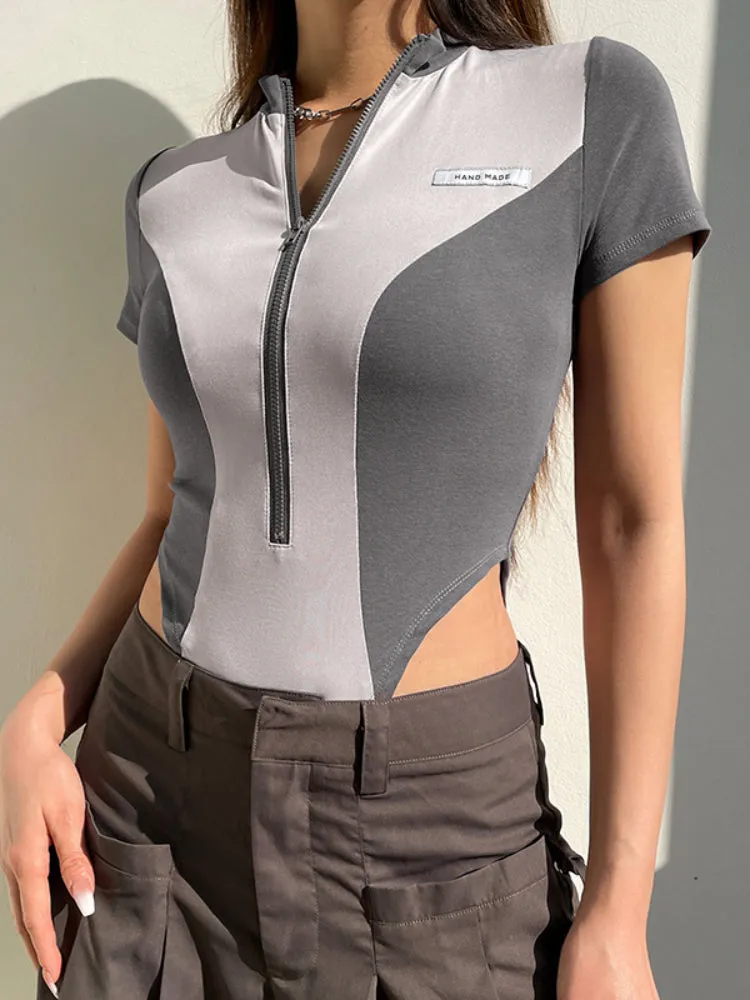 Punk Style Stitched Short Sleeve Bodysuit
