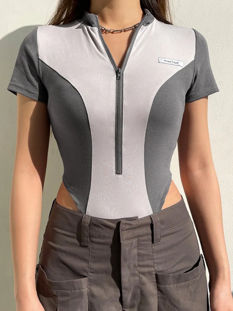 Punk Style Stitched Short Sleeve Bodysuit