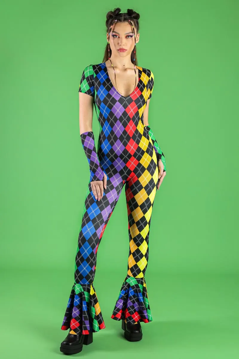 Rainbow Plaid V Neckline Bell Bottoms Jumpsuit