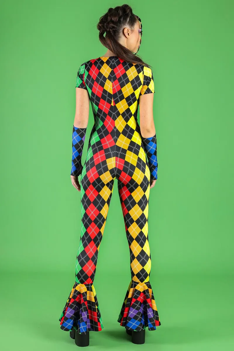 Rainbow Plaid V Neckline Bell Bottoms Jumpsuit