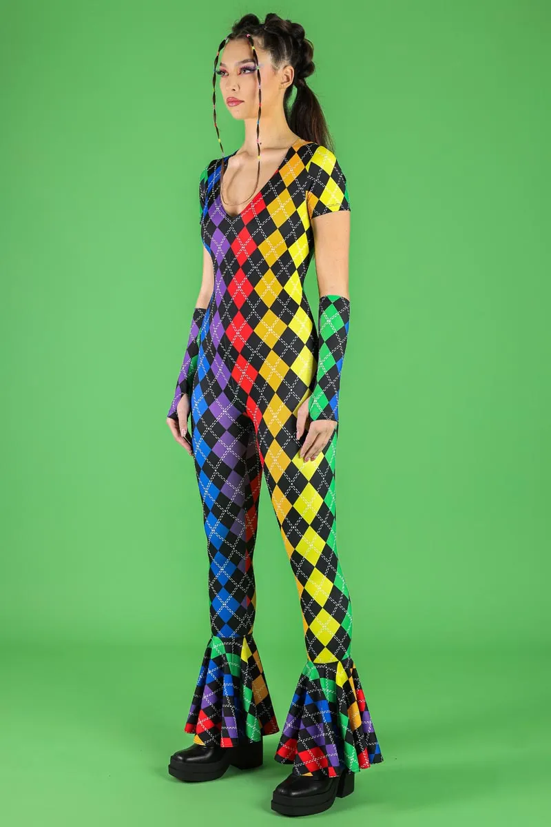 Rainbow Plaid V Neckline Bell Bottoms Jumpsuit