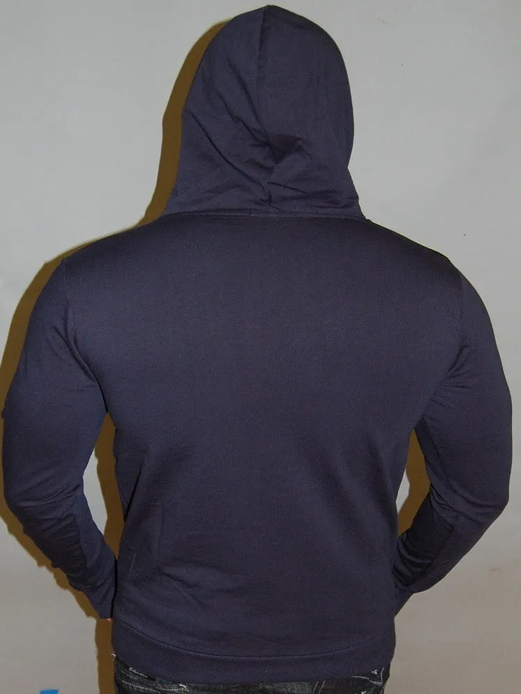 R&R MENS STYLISH FAUX LEATHER HOODIE SWEATER - NAVY BLUE