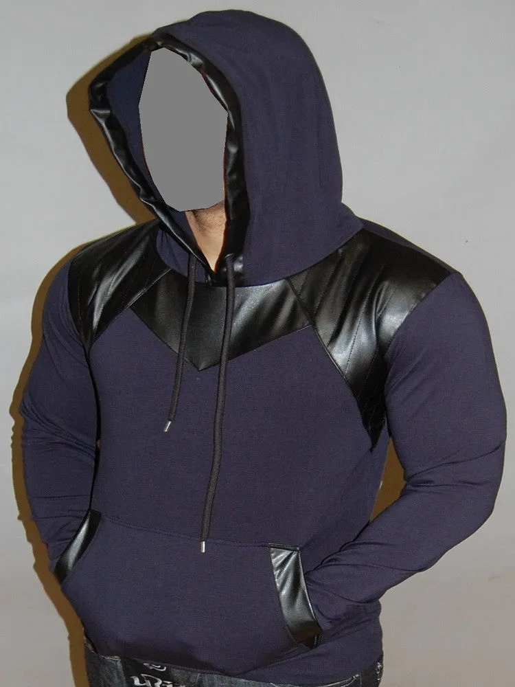 R&R MENS STYLISH FAUX LEATHER HOODIE SWEATER - NAVY BLUE