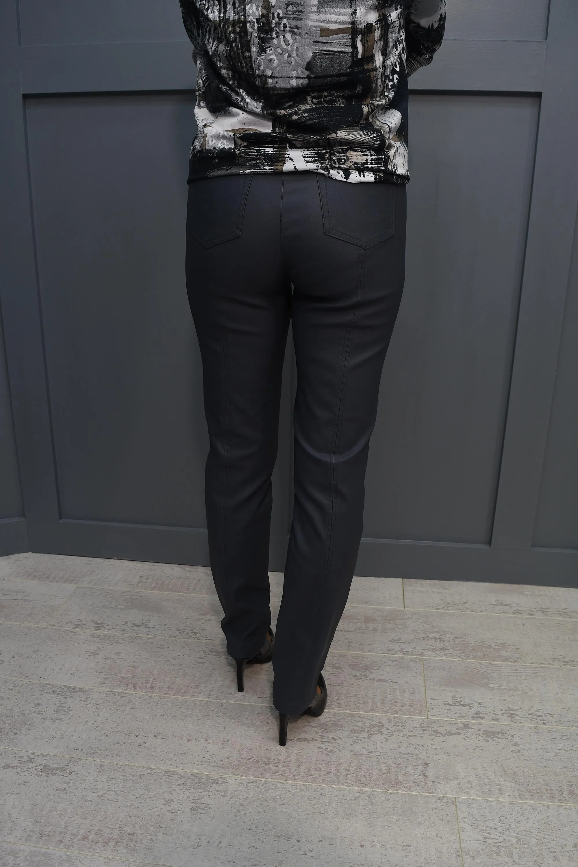 Robell Bella Steel Grey Faux Leather Full Length Trousers - 51559 54344 94