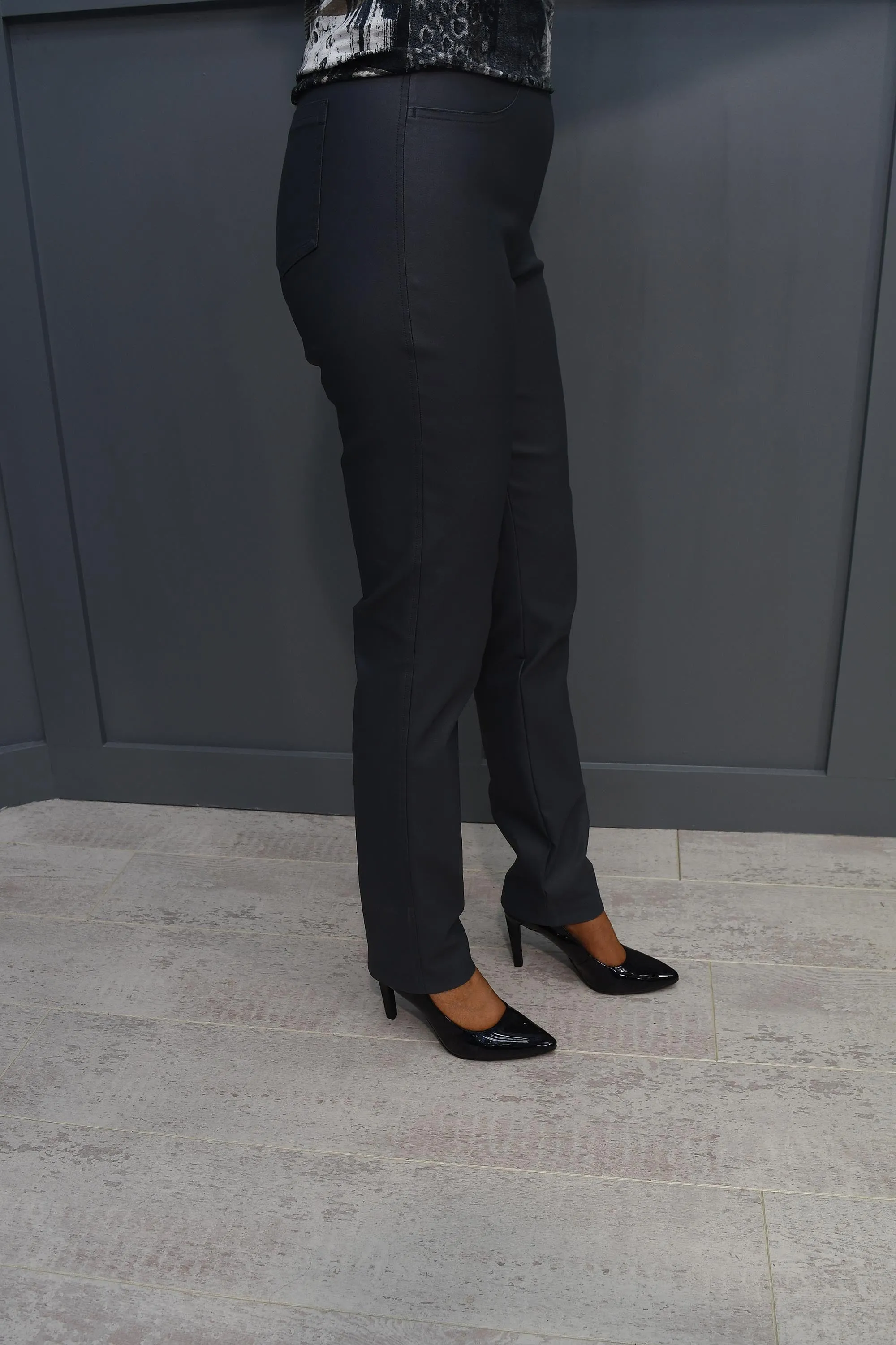 Robell Bella Steel Grey Faux Leather Full Length Trousers - 51559 54344 94