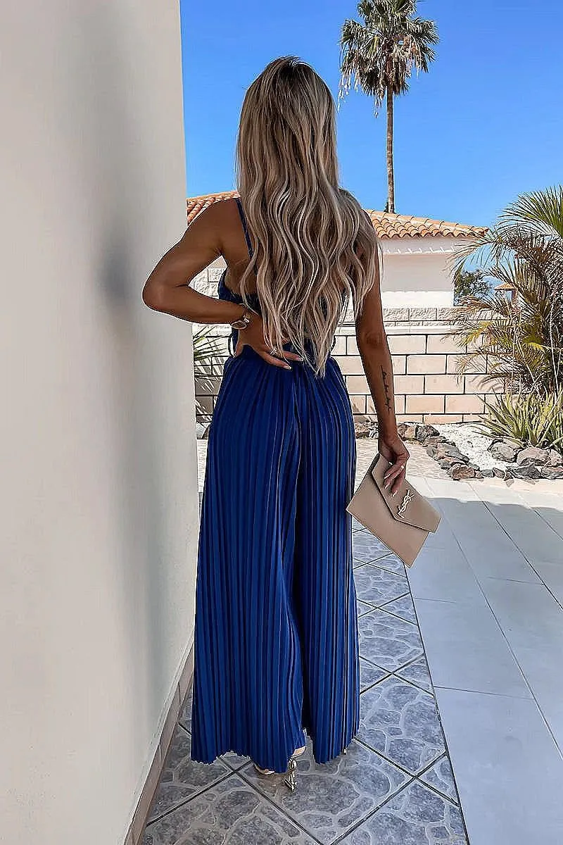 Royal Blue Plisse Pleat Buckle Belt Wide Leg Jumpsuit