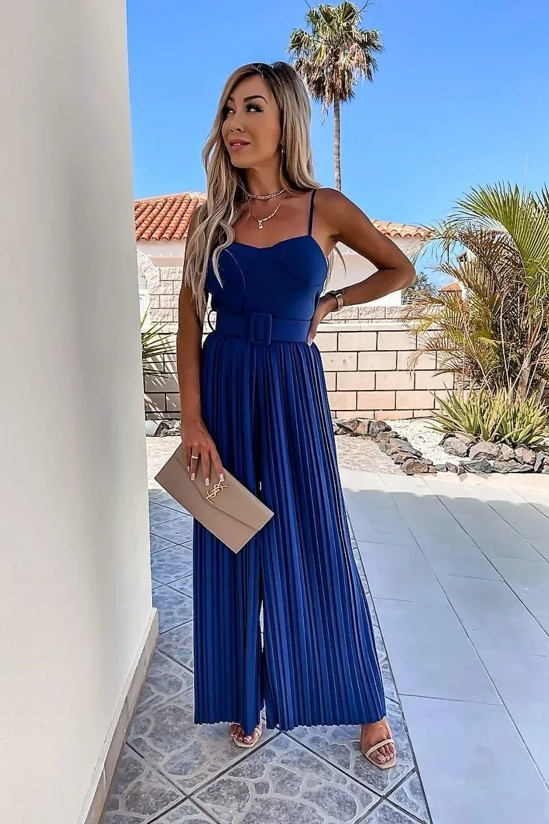 Royal Blue Plisse Pleat Buckle Belt Wide Leg Jumpsuit