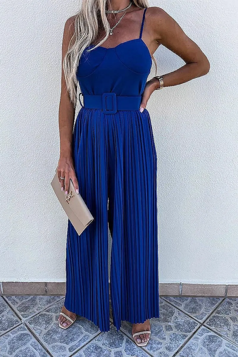Royal Blue Plisse Pleat Buckle Belt Wide Leg Jumpsuit