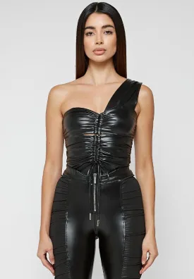 Ruched Leather Bodysuit - Black