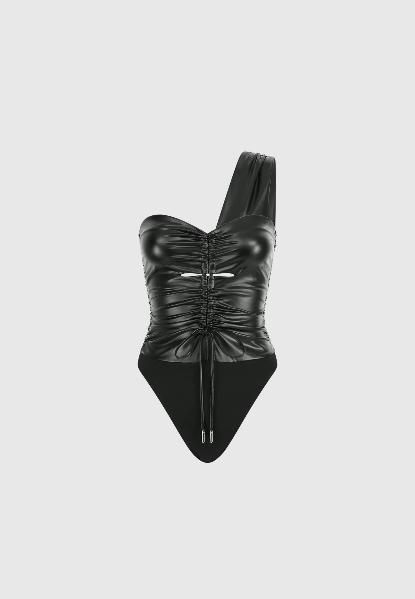 Ruched Leather Bodysuit - Black