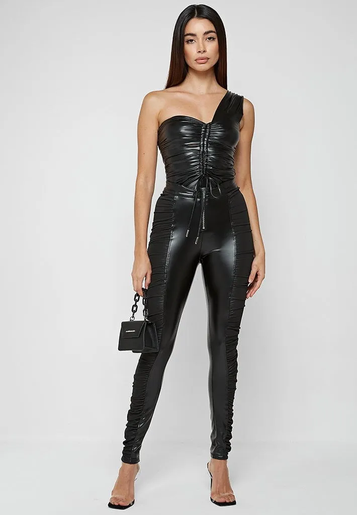 Ruched Leather Bodysuit - Black