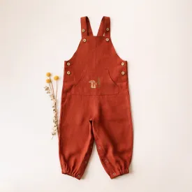 Rust Linen Kangaroo Pocket Buttoned Dungaree with "Mushrooms" Embroidery