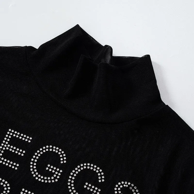 Sheer mesh see through beaded high neck long sleeve bodysuit