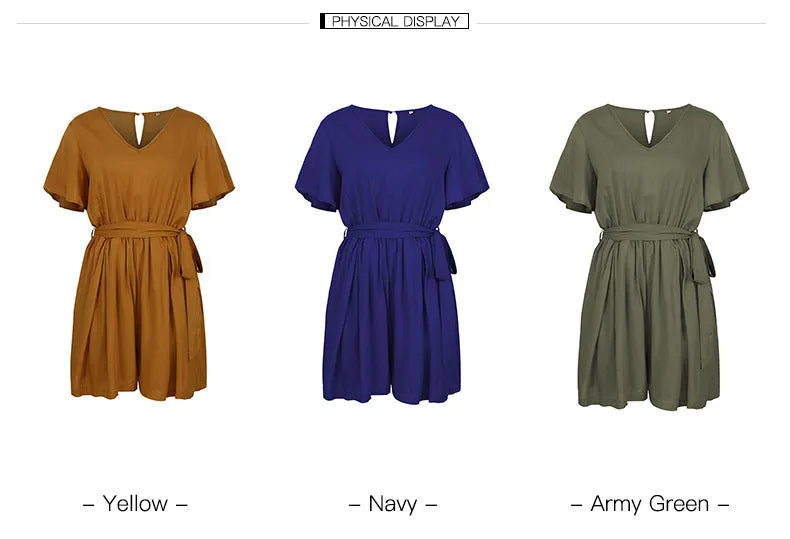 Short Sleeve Solid Color Waist Jumpsuit