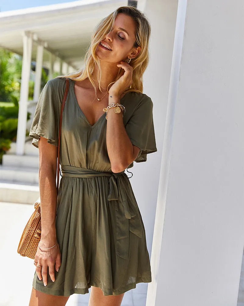 Short Sleeve Solid Color Waist Jumpsuit