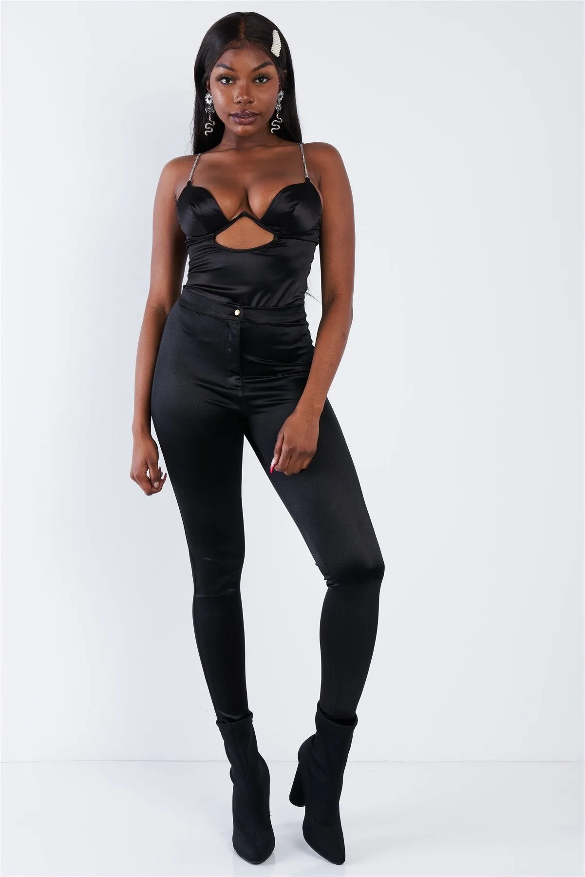 Silk Chain Spaghetti Strap High Thong Center Cut Out Bodysuit