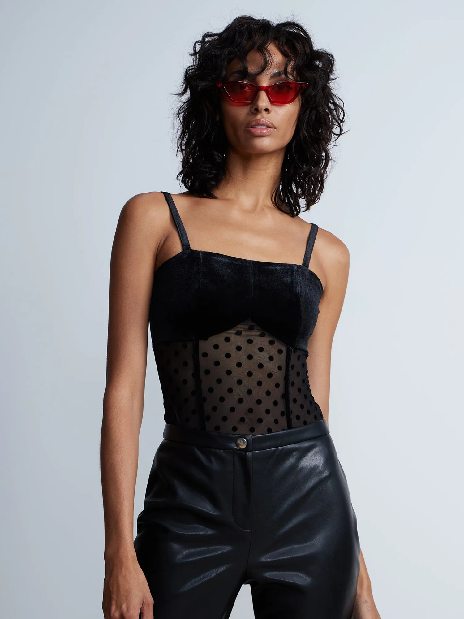 Sleeveless Velvet Bust Dotted Bodysuit